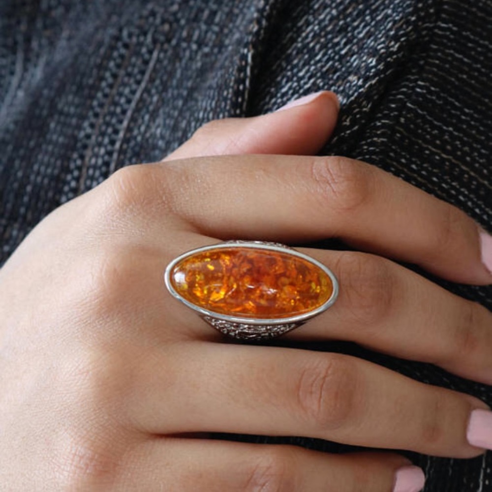 Faux Amber Statement Silver Ring.